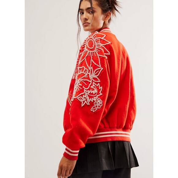 Free People Pretty In Pearls Bomber Jacket Varsity Red Medium M - Picture 14 of 14